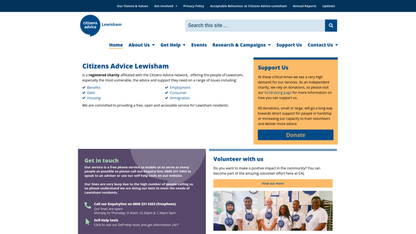 Screenshot of the Lewisham Citizens Advice Bureaux Service Limited website