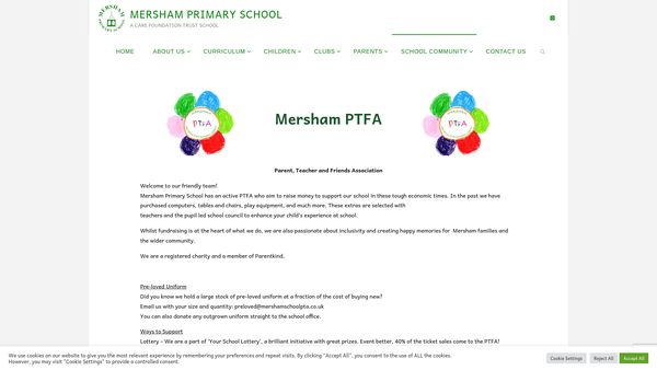 Screenshot of the Mersham Cp School PTA website