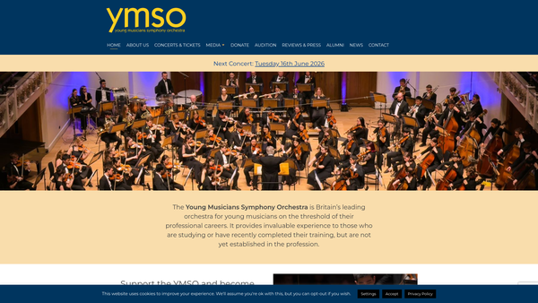 Screenshot of the The Young Musicians Symphony Orchestra website