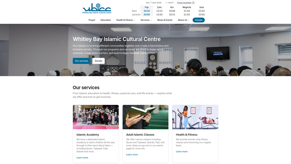 Screenshot of the Whitley Bay Islamic Cultural Centre website