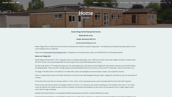 Screenshot of the Roade Village Hall And Playing Field website