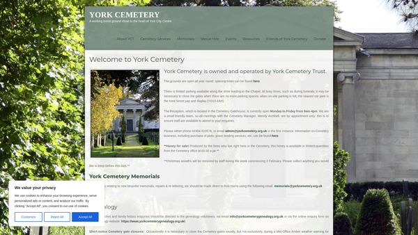 Screenshot of the York Cemetery Trust website