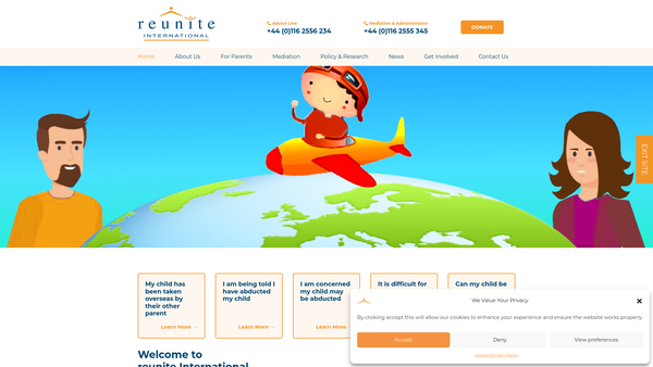 Screenshot of the Reunite : International Child Abduction Centre website