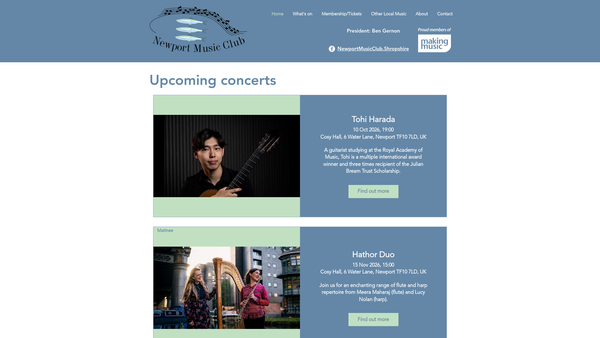 Screenshot of the Newport Music Club website