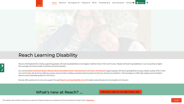 Screenshot of the Reach Learning Disability website
