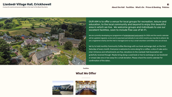 Screenshot of the Llanbedr Hall Association website