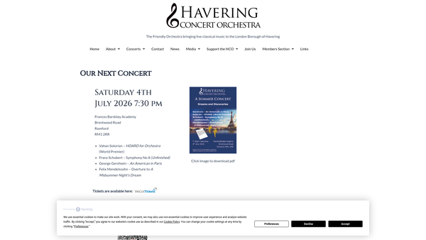 Screenshot of the Havering Concert Orchestra website