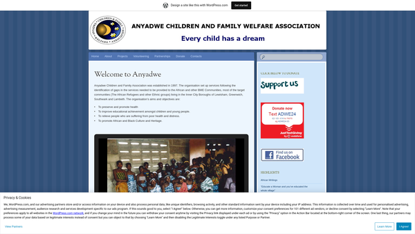 Screenshot of the Anyadwe Children And Family Welfare Association website