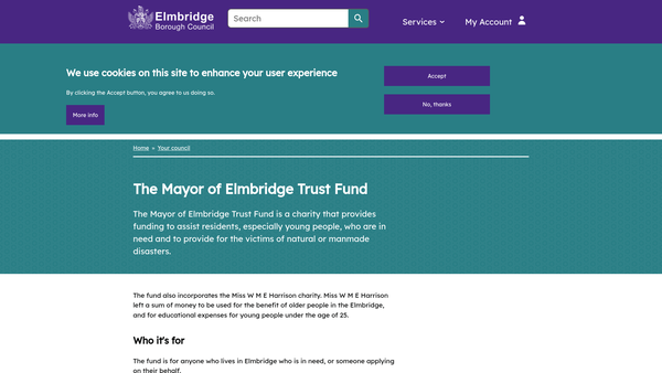 Screenshot of the Mayor Of Elmbridge's Trust Fund website