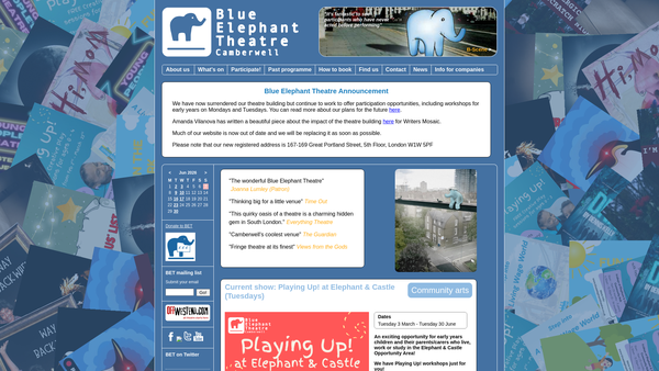 Screenshot of the Blue Elephant Theatre Limited website