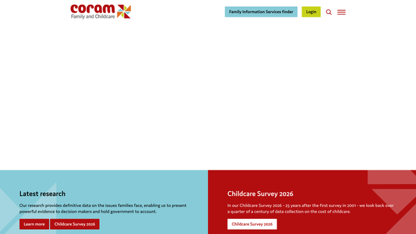 Screenshot of the Coram Family And Childcare Ltd website