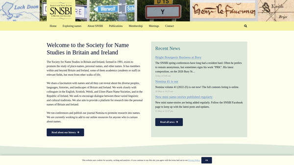 Screenshot of the Society For Name Studies In Britain And Ireland website