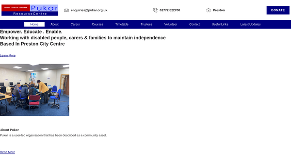 Screenshot of the Pukar Disability Resource Centre website