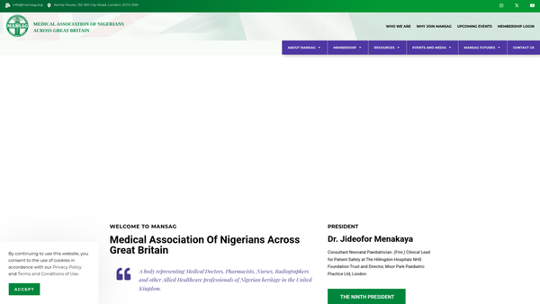 Screenshot of the Medical Association Of Nigerians Across Great Britain website
