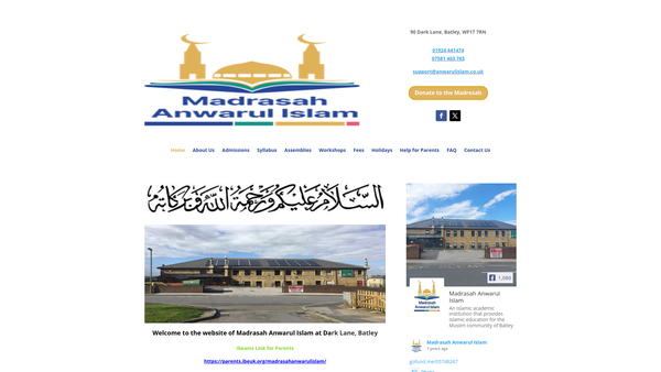 Screenshot of the Masjid E Noor And Madressah Anwarool Islam website