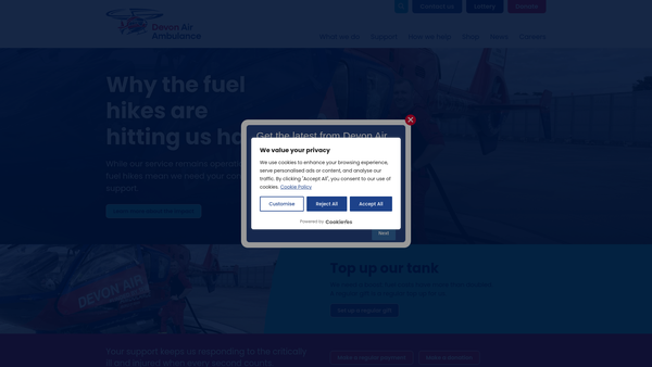 Screenshot of the Devon Air Ambulance Trust website