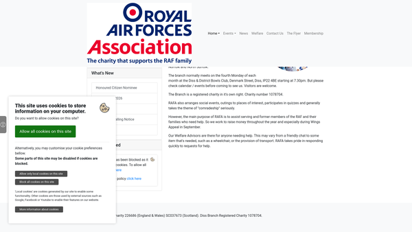 Screenshot of the Royal Air Forces Association Diss And District Branch website