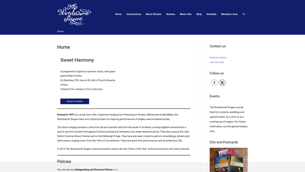 Screenshot of the The Wordsworth Singers website
