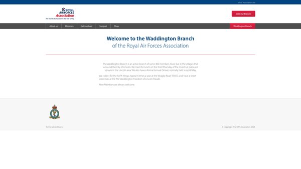 Screenshot of the Royal Air Forces Association Waddington Branch website
