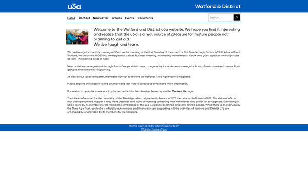 Screenshot of the The Watford And District University Of The Third Age ( U3A ) website