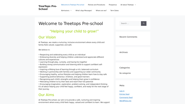 Screenshot of the Treetops Pre-School website