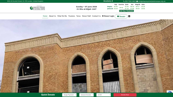 Screenshot of the Stepney Shahjalal Mosque & Cultural Centre website