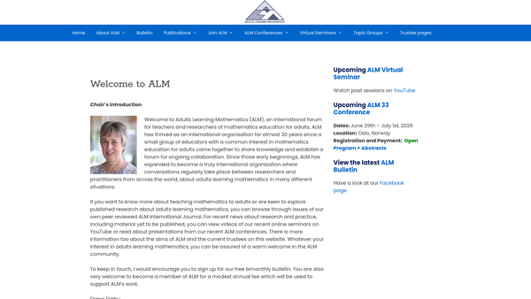 Screenshot of the Adults Learning Mathematics - A Research Forum website
