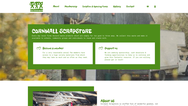 Screenshot of the Cornwall Scrap Store website