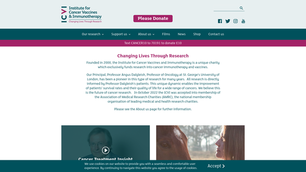 Screenshot of the The Institute For Cancer Vaccines And Immunotherapy website