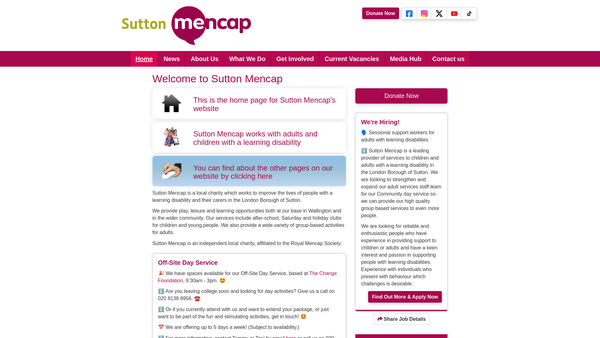Screenshot of the Sutton Mencap Charity Company website
