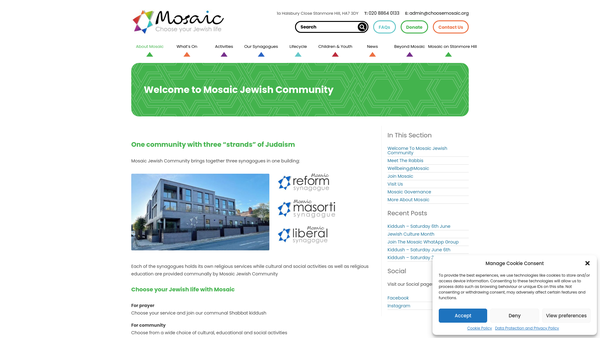 Screenshot of the Mosaic Masorti Synagogue website