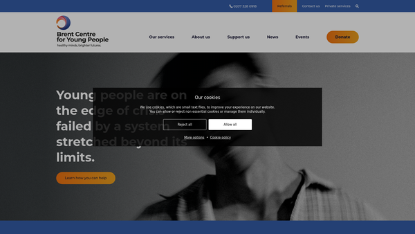 Screenshot of the Brent Centre For Young People website