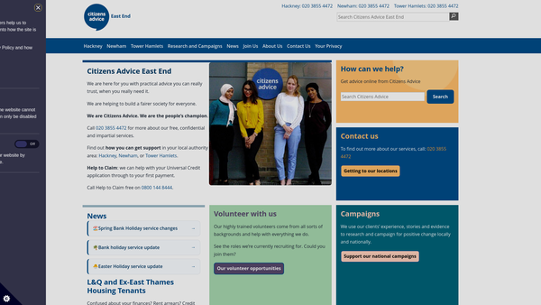 Screenshot of the East End Citizens' Advice Bureaux website
