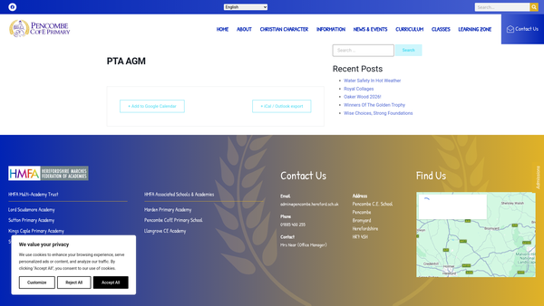 Screenshot of the Pencombe CE Va Primary School Parent Teacher Association website