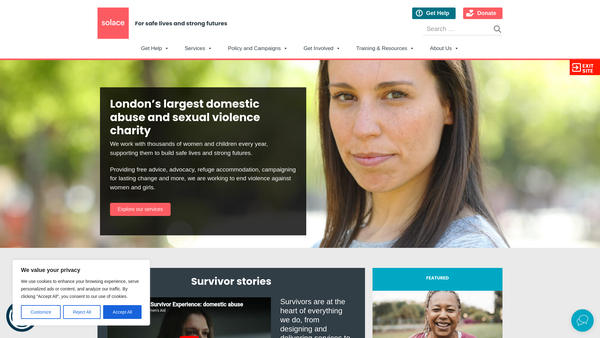 Screenshot of the Solace Women's Aid website