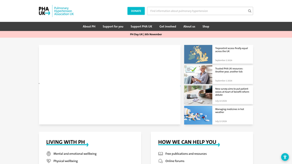 Screenshot of the Pulmonary Hypertension Association (UK) website