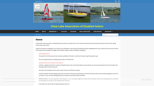 Screenshot of the Chew Lake Association Of Disabled Sailors website