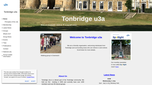 Screenshot of the The Tonbridge U3A website