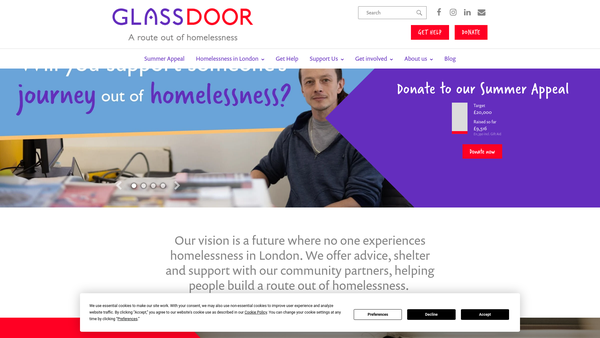 Screenshot of the Glass Door Homeless Charity website