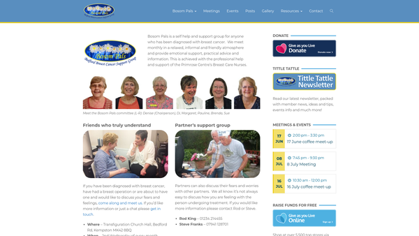 Screenshot of the Bosom Pals Bedford Branch website