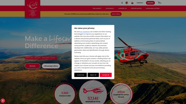 Screenshot of the Welsh Air Ambulance Charitable Trust website