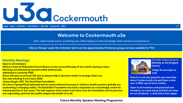 Screenshot of the Cockermouth U3A website