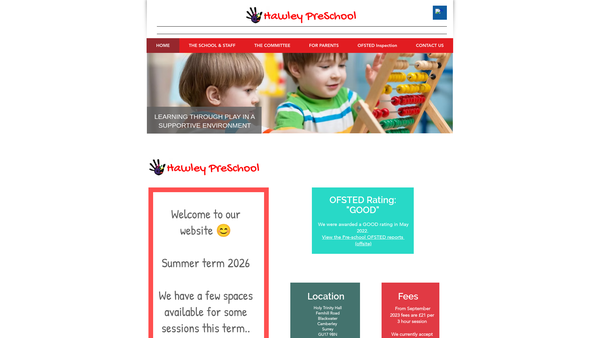 Screenshot of the Hawley Memorial Hall Pre-School website