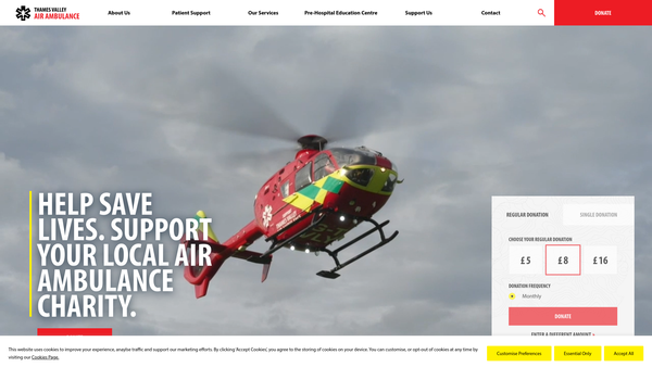 Screenshot of the Thames Valley Air Ambulance website