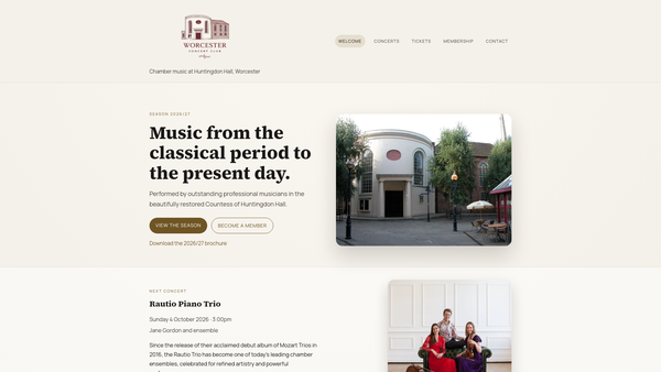 Screenshot of the Worcester Concert Club website
