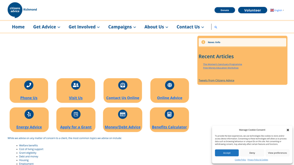 Screenshot of the Richmond Citizens Advice Bureaux Service website
