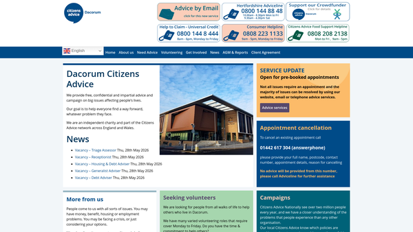 Screenshot of the Dacorum District Citizens Advice Bureau website