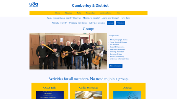 Screenshot of the Camberley & District University Of The Third Age (U3A) website