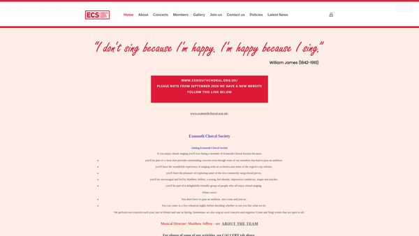 Screenshot of the Exmouth Choral Society website