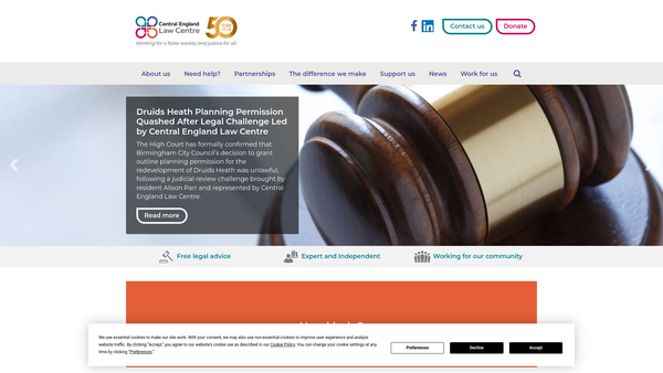 Screenshot of the Central England Law Centre Limited website